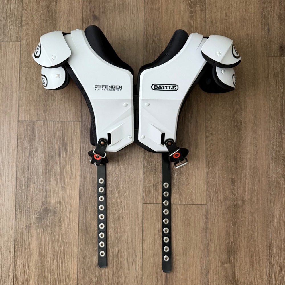 Battle Defender Football Shoulder Pads Youth Large 15-16in White Protective Gear
